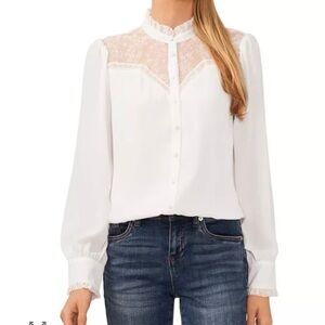 CeCe White Lace Yoke Long-Sleeve Blouse